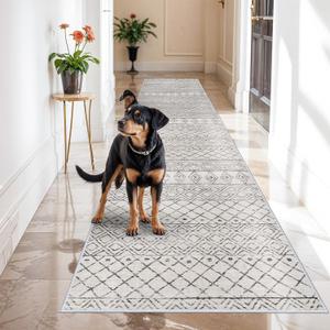 Washable Runner Rugs 3x16 - Long Hallway Runner Rug Low Pile Rug with Rubber Backing Floor Mat Non Slip Moroccan Indoor Carpet for Kitchen Bedroom Entryway 3x16 Geo Grey