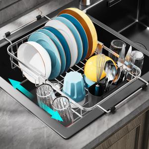 GSlife Small in Sink Dish Drying Rack - Expandable Stainless Steel Compact Over The Sink Dish Drainer with Utensil Holder for RV Kitchen Apartment, Silver