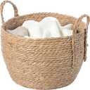 Vintiquewise Decorative Round Wicker Woven Rope Storage Blanket Basket with Braided Handles - Medium (Brown)