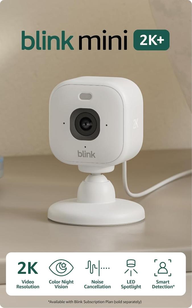 Blink Mini 2K+ (newest model) Plug-in Home & Pet Indoor Security Camera with 2K video resolution, night vision, enhanced audio, motion detection 1 camera (White)