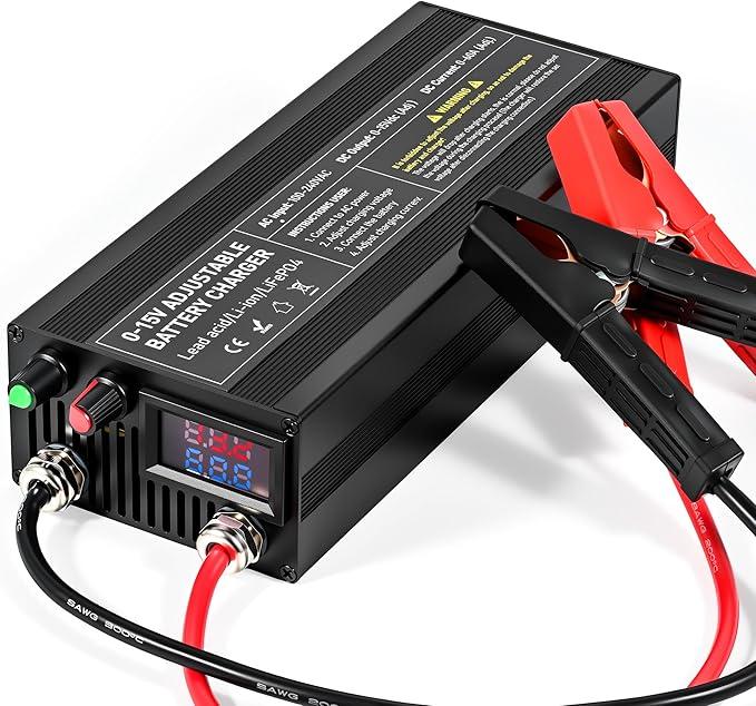 VQP 60A 12V Battery Charger, Portable Car Battery Charger, Compatible with LiFePO4 or Li-ion Battery, 0-15V Adjustable Current and Voltage