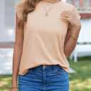 SHEWIN Womens Summer Tops Crewneck Short Sleeve T Shirts Casual Patchwork Hollow Out Loose Tank Top (Beige, L)