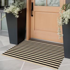 OJIA Front Door Mat Outside Entrance 24"x35" Front Door Rug Washable Porch Rug Woven Striped Outdoor Rugs Entryway Rugs Indoor Small Area Rug for Kitchen Entry Bathroom, Tan/Black