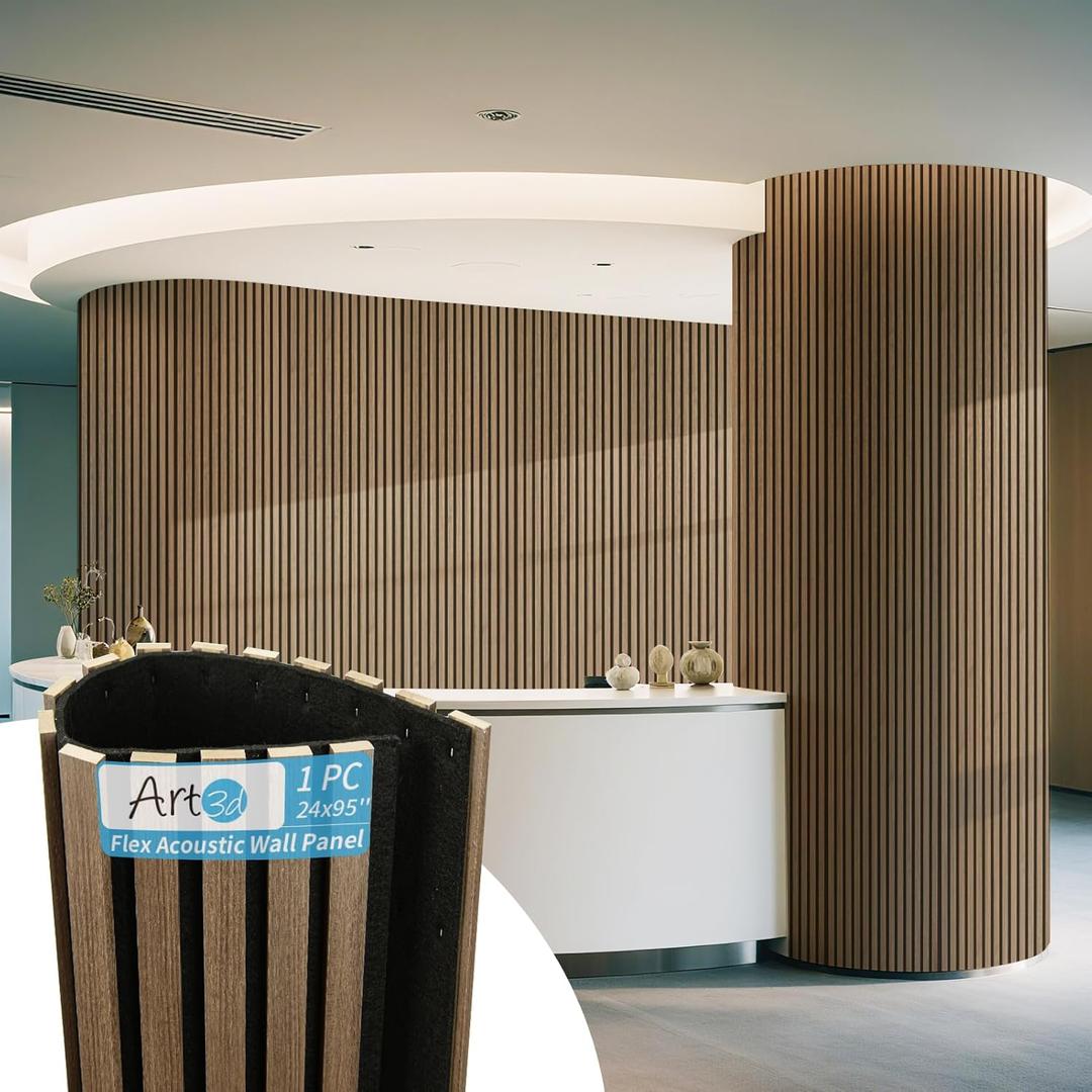 Art3d 1-Pack Acoustic Wood Slat Wall Panel with Roll-Flat Design - 95.3 x 23.8 Inch Sound Absorbing Panels for Living Room Columns Corridor Curved Wall Decor, Ebony