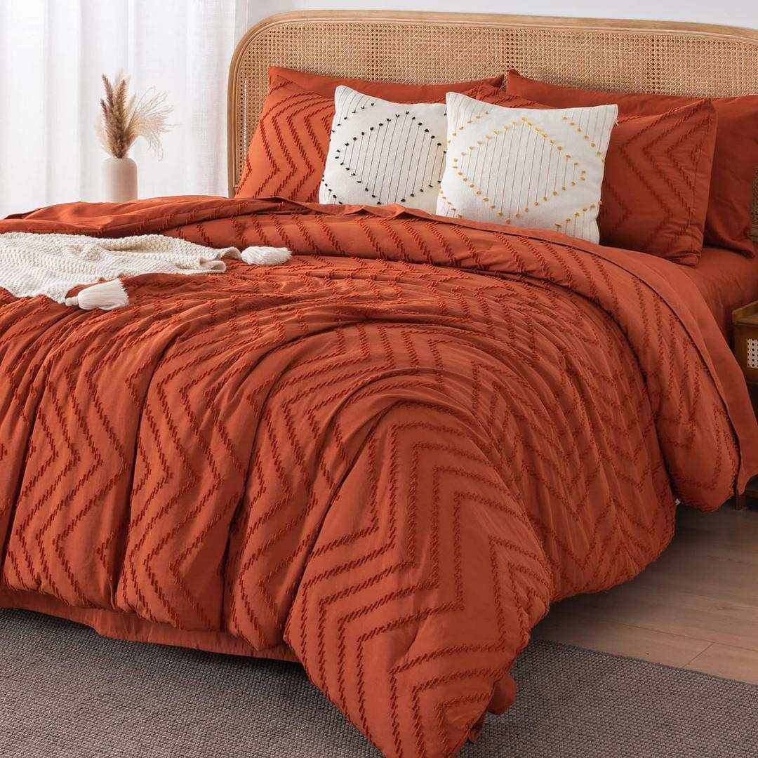 Litanika Super King Plus Size Comforter Set with Sheets Terracotta - 7 Pieces Bed in a Bag Oversized King Boho Tufted Complete Bedding Sets with Comforter, Sheets, Pillowcases & Shams