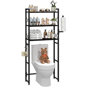 Simple Trending Over The Toilet Storage Rack with Toilet Paper Holder, Heavy Duty Metal 3 Tier Bathroom Organizer Shelf with 3 Hooks,Black