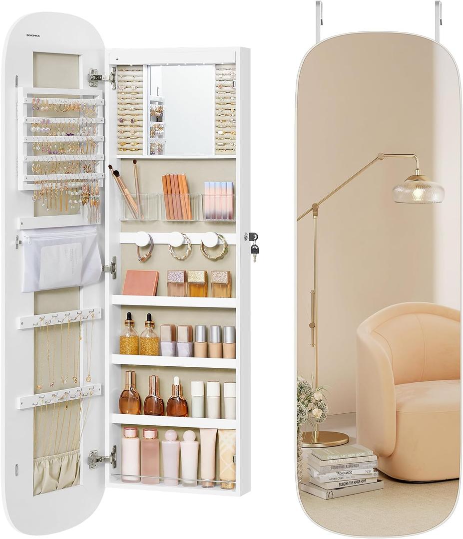 SONGMICS Jewelry Organizer, LED Jewelry Cabinet Wall/Door Mounted, Lockable Rounded Wide Mirror with Storage, Interior Mirror, Gift for Mom, 3.9 x 16.5 x 55 Inches, White Surface with Greige Lining