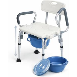 3-in-1 Bedside Commode Chair, Height Adjustable Shower Chair & Toilet Safety Frame, Waterproof Seat, Flip-Up Armrests, Non-Slip Feet, Aluminum Frame, 300 lbs Capacity