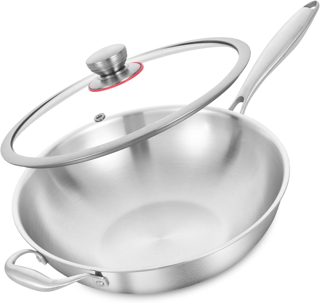 LOLYKITCH 13 Inch Stainless Steel Wok with Glass Lid, Tri-Ply Stir Fry Pan with Detachable Handle, Uncoated Cooking Wok for Induction & Glass, Flat Bottom, SGS Certified Cookware