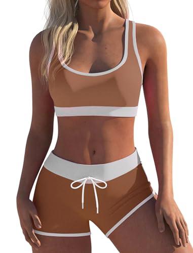 Womens Sport Two Piece Swimsuits Racerback Tops Boyshort Bottom Swimwear Bathing Suit（Large, Brown）