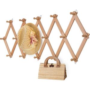 Wall Rack with 16 Hooks, Wooden Wall Expandable Coat Rack for Coat, Hats, Baseball Caps, Coffee Mug, Jewelry(Natural)