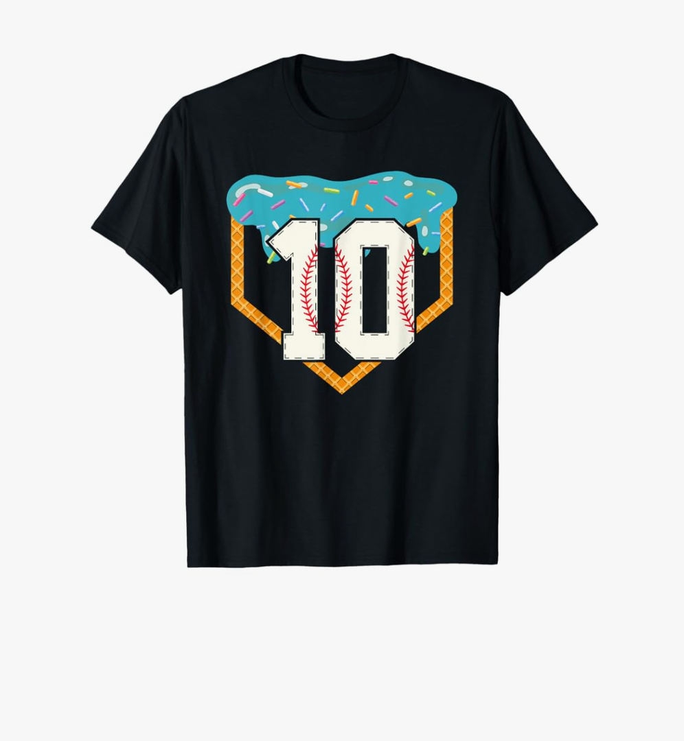 Baseball Drip 10th Birthday 10 Year old Boy Ice Cream T-Shirt, Size L