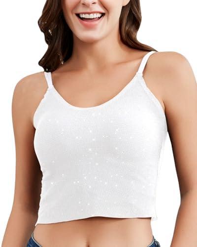 Falorda Camisole Tops Double-Layered Crop Top Slim Camisoles Adjustable Strap Tank Top with Built in Bra for Women, M, White