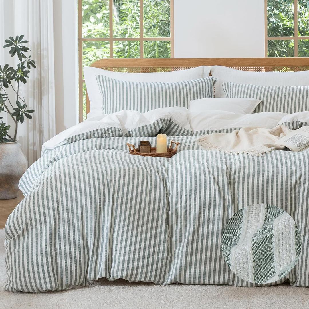 MILDLY Jacquard Stripe Duvet Cover - 100% Washed Cotton Sage Green Textured Spring Comforter Cover 3pcs with Zipper Closure 90"x90"