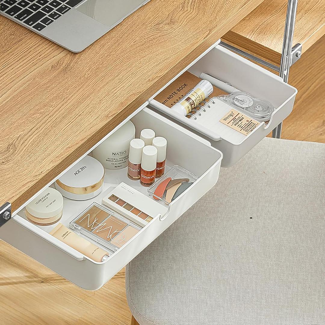2 Pack Under Desk Drawer, Large & Medium Self-Adhesive Under Desk Organizer, Hidden Under Desk Storage Box Cosmetics Case Stick On Under Table Tray Holder for Cutlery, Office Supplies, Stationery (White)
