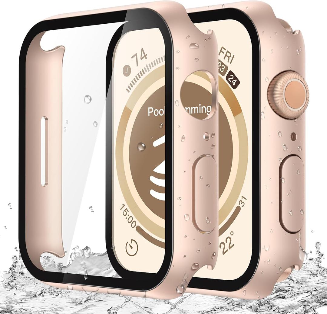 Misxi [2 Pack] Waterproof Hard Case with Tempered Glass Compatible with Apple Watch SE 3 (2025) SE 2 SE Series 6 Series 5 Series 4 40mm, Cover for iWatch Screen Protector, 1 Rose Gold + 1 Transparent