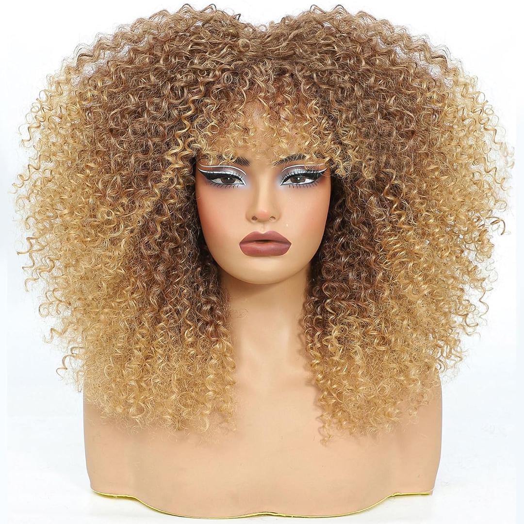 Curly Wig Afro Curly Wigs for Black Women Afro Kinky Curly Wig With Bangs Full and Fluffy Glueless Wig Synthetic Hair Replacement Wigs for Cosplay and Daily (Ombre Blonde, 16inch)