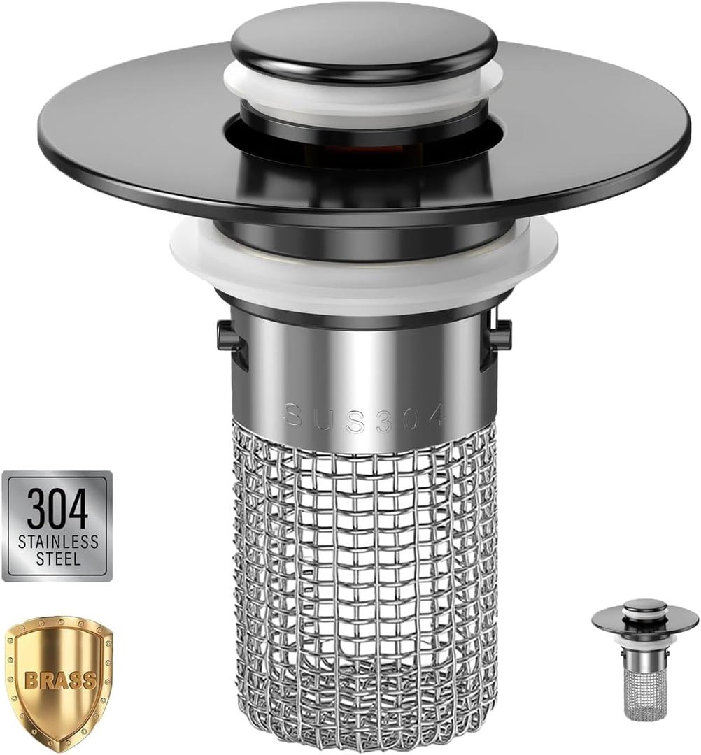 Sink Stopper Hair Catcher, Pop-up Sink Drain Strainer with Removable Stainless Steel Strainer Basket Hair Catcher, Bathroom Sink Strainer for Bathroom Sink Stopper Replacement(Matte Black-1PCS)