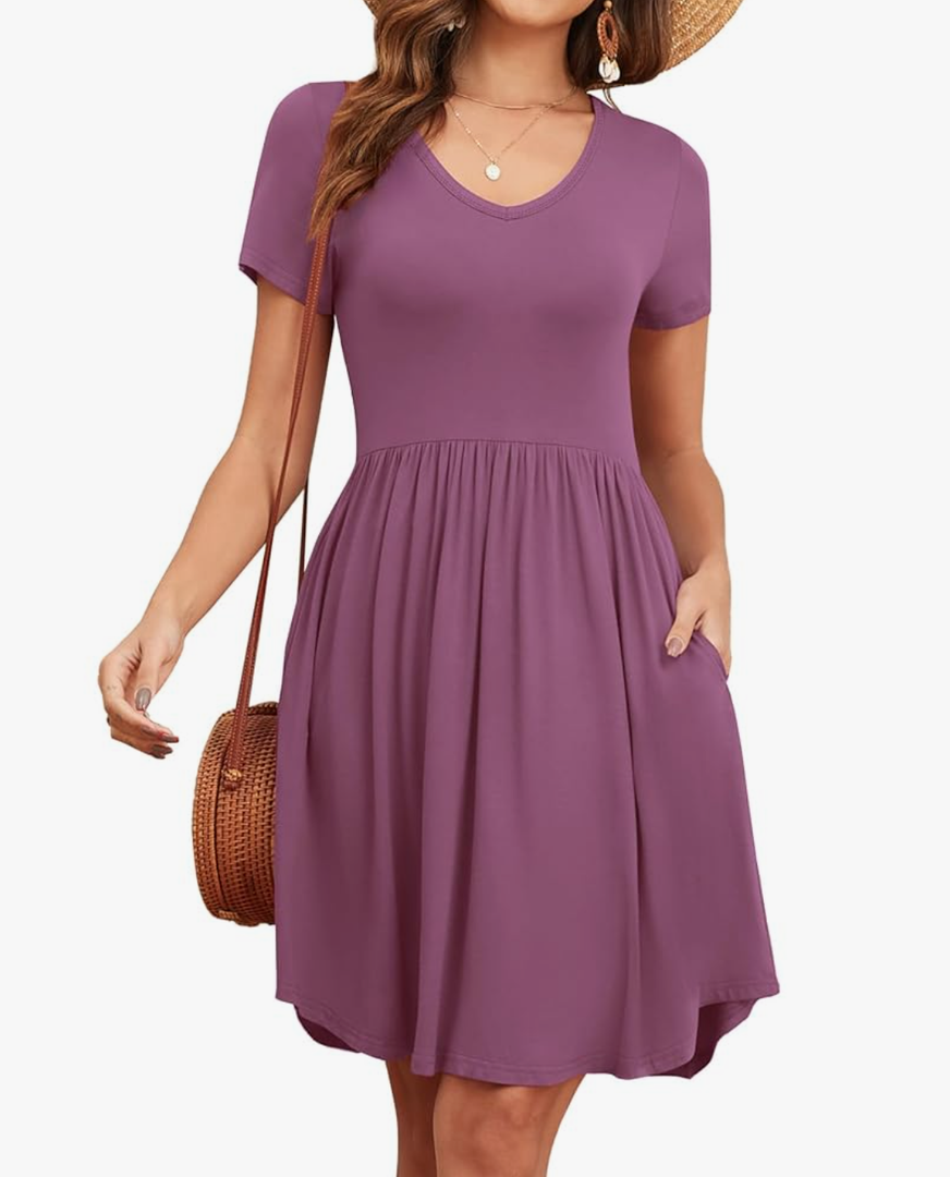 Women's 2025 Summer Short Sleeve Dresses Casual Loose Fit Swing T Shirt Dress V Neck Sundress with Pockets, Small