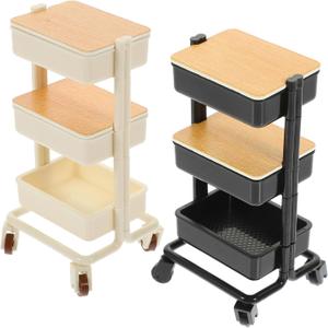 LUOZZY 2 PCS 1:12 Dollhouse Mini Shopping Cart 3 Tier Miniature Rolling Cart Storage Display Shelf with Wheels Dollhouse Furniture Accessory