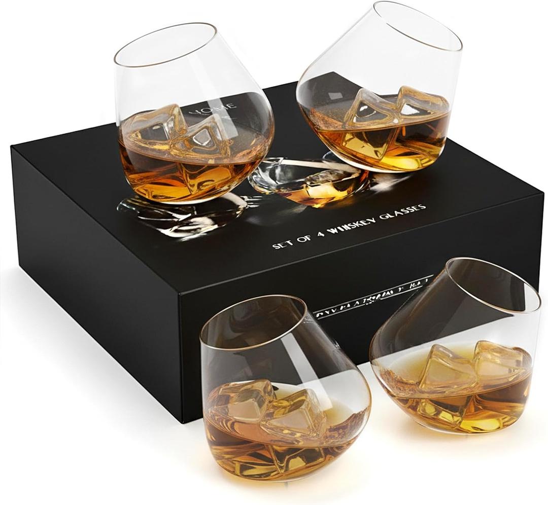MyGift Spinning Whiskey Glasses Set of 4, Rotating Tilted Old Fashioned Bourbon Scotch Glasses, Includes Gift Box (Clear)