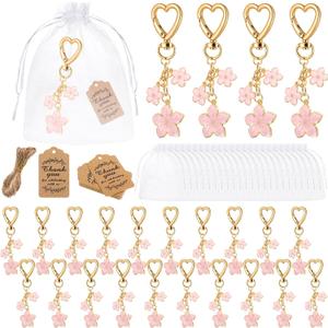 24 Set Pink Flower Keychains Bulk Party Favors Daisy Keyring Flower Keychain Present with Thank You Tags Organza for Guests Women Bag Wallet Purse Charms Christmas Gifts Wedding Bridal Supplies