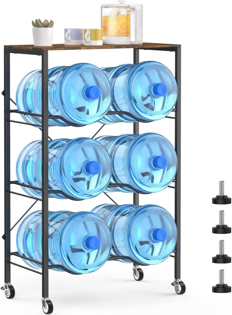 3 Tier 5 Gallon Water Jug Holder 6-Tray Water Jug Rack with Top Shelf and 4 Wheels Heavy Duty Movable Water Jug Stand,5 Gallon Water Bottle Holder for Kitchen Office Living RoomBrown