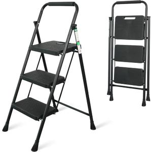 Step Ladder, Portable Steel Folding Step Stool with Wide Anti-Slip Pedal & Convenient Handgrip, Sturdy Steel Ladder, 3-Step, Black