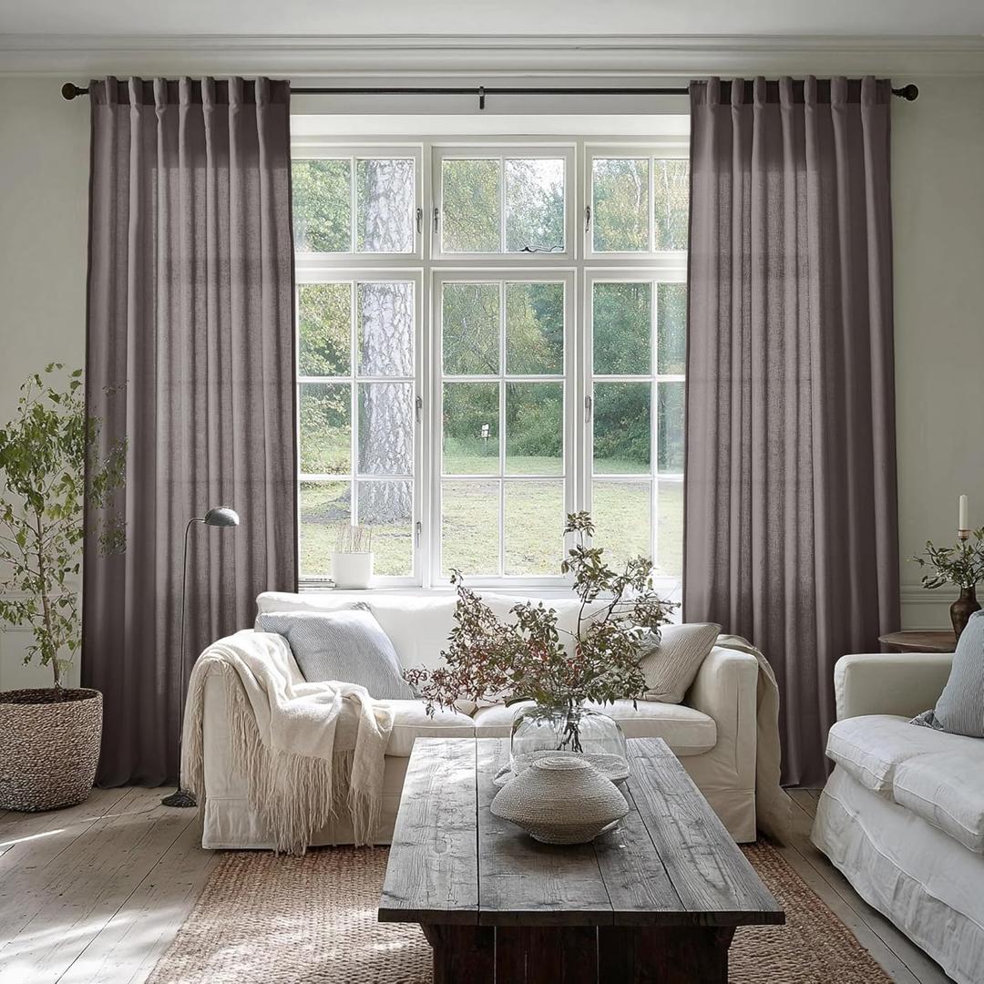 SHINELAND Dark Chocolate Brown Curtains 96 Inches Long 2 Panel Set,Sheer Linen Pleated Back Tab Window Drapes Draperies Curtains for Living Room 96 Inch Length