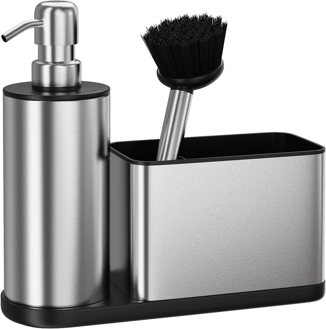 ODesign Kitchen Soap Dispenser Set - 3 in 1, Stainless Steel Dish Soap Dispenser with Sponge Holder, Dish Brush & Brush Holder, Kitchen Sink Caddy Organizer for Countertop - Rustproof, Non-Slip