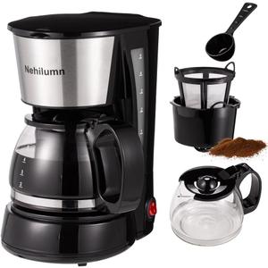 Nehilumn 4-5 Cups Drip Coffee Maker, Coffee Pot Machine Permanent Coffee Filter, Mini, 20Oz Electric Coffee Maker, 650W Black and Stainless Steel 