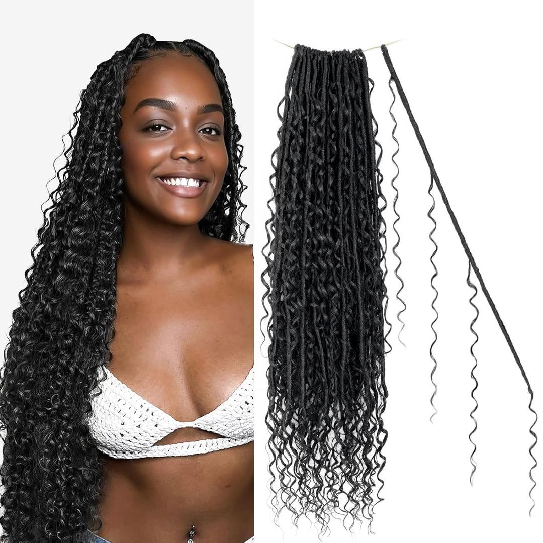 Boho Goddess Locs Crochet Hair: 8 Packs Pre Looped Bohemian Faux Locs Crochet Hair Extensions for Black Women, 24 Inch with 3 Curls (24 Inch, 1B#, 8 Packs)