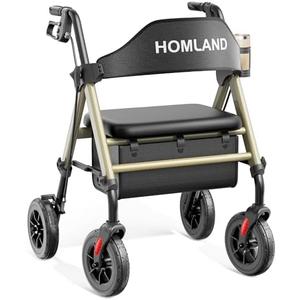HOMLAND Walkers for Seniors with Seat, Foldable Rollator Walker, Reinforced Aluminum Frame, 8" Big Rubber Wheels for All Terrain, Height Adjustable Lightweight Rolling Walker