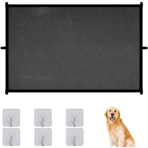 Adjustable Pet Barrier 48.3 * 28.3 inchs, Mesh Gate for Pets with 6 Transparent Hooks,Retractable Dog Gate, Durable Material for Doorways and Openings