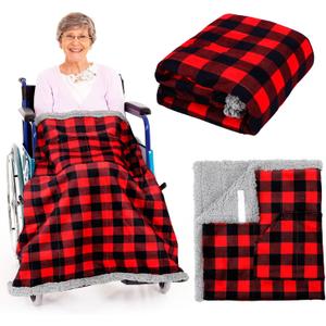 Mindsoft Christmas Wheelchair Blanket with Pouch Warm Soft Flannel Blanket 42.13 x 35.83 Inch Lap Blankets for Elderly Cozy Wheelchair Cover for Holiday Winter Leg and Lower Body Gifts(Red, Black)
