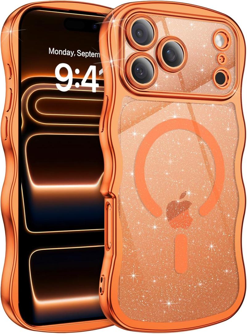 BENTOBEN Clear Glitter for iPhone 17 Pro Max Case 2025 [Compatible with MagSafe] Cute Curly Wavy Plated Anti-Slip Magnetic Hard Back Women Men Phone Cases Cover for 17 Pro Max 6.9", Cosmic Orange