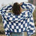 Saodimallsu Womens Checkered Oversized Cardigan Sweaters Color Block Chunky Open Front Lantern Sleeve Plaid Knit Coats (Small, Navy)