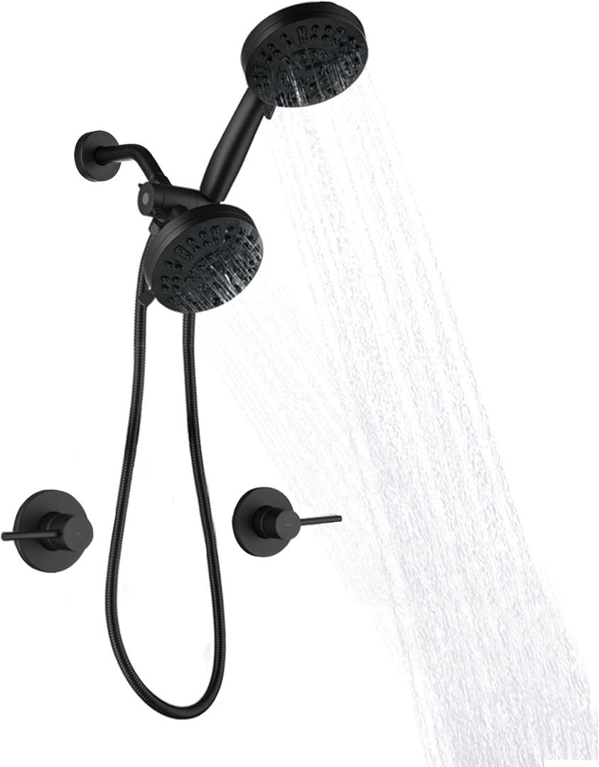 2 Handle Shower Faucet Wall Mounted Two Handles Shower Faucet Set with 8 Modes Rainfall Shower Head and 10 Modes Handheld 2 Knobs Shower Trim Kit with Rough-in Valve, Matte Black