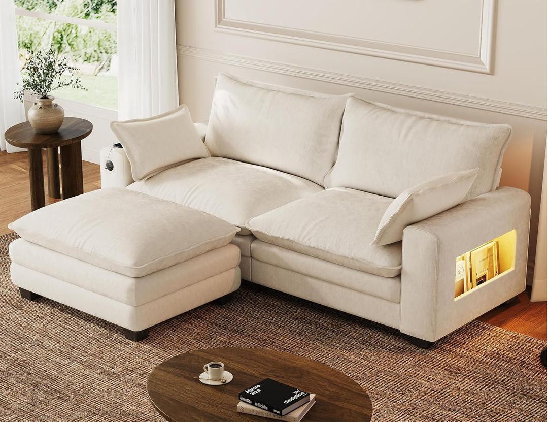 80" L-Shaped Sectional Sofa with Ottoman, Chenille Cloud Couch, Beige
with USB & Type-C Charging Ports and LED Light, Deep Seat Loveseat Sofa, Modular Living Room Couch for Apartment Spaces