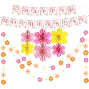 Mother's Day Decorations Party Supplies Kit - Floral Happy Mother's Day Banner, 6 Colorful Paper Fans, 2 Daisy Flower Garlands - Complete Set for Home Garden Celebration, Photo Backdrop Props