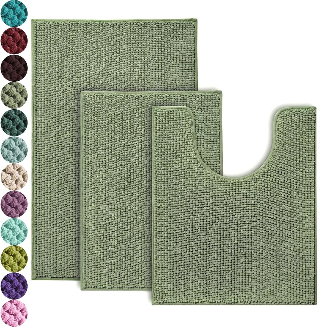 Urvoix Bathroom Rugs Sets 3 Piece, Non-Slip Chenille Bath Rug - Ultra Soft, Washable, Super Absorbent Bath Mat for Bathroom, Toilet and Tub (Sage)