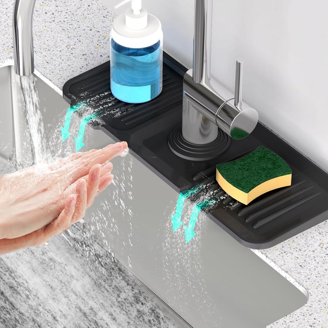 14.6'' Faucet Mat for Kitchen Sink [5Slope Fast Self-draining] Kitchen Sink Splash Guard Silicone Kitchen Sink Faucet Mat Splash Guard for Kitchen Sink Area Tidy Splash Faucet Guard Draining Mat (Black)
