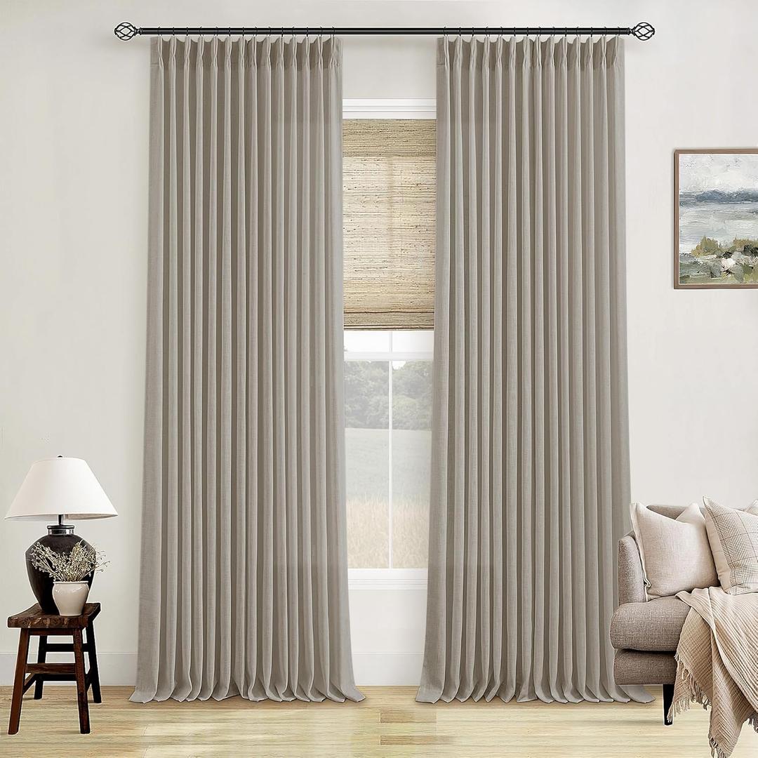 Flax Burlap 90 Inch Pinch Pleated Linen Curtains 2 Panel Set for Living Room Thick Linen Textured Drapes 90 Inches Long Pinch Pleat Drapes Semi Sheer Curtain for Dining Bedroom Office Dark Taupe (Burlywood Birch)
