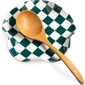 Checkered Spoon Rest for Kitchen Counter, Cooking Spoon Holder for Stove Top, Large Utensil Spatula Rest Tray, Cute Kitchen Gadgets Gift for Housewarmings Weddings (Green-White)