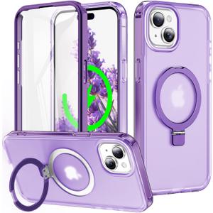 for iPhone 15 Full Body Shockproof Case with Magnetic Invisible Stand [Compatible with MagSafe] Built-in Screen Protector Military Drop ProtectionTranslucent Phone Cover -Purple