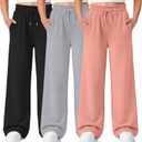 3 Pack Girls' Sweatpants Straight Wide Leg Kids Drawstring Casual Joggers Teen Loose Athletic Pants with Pockets (9-10 Years, Orange, Light Heather Gray, Black)