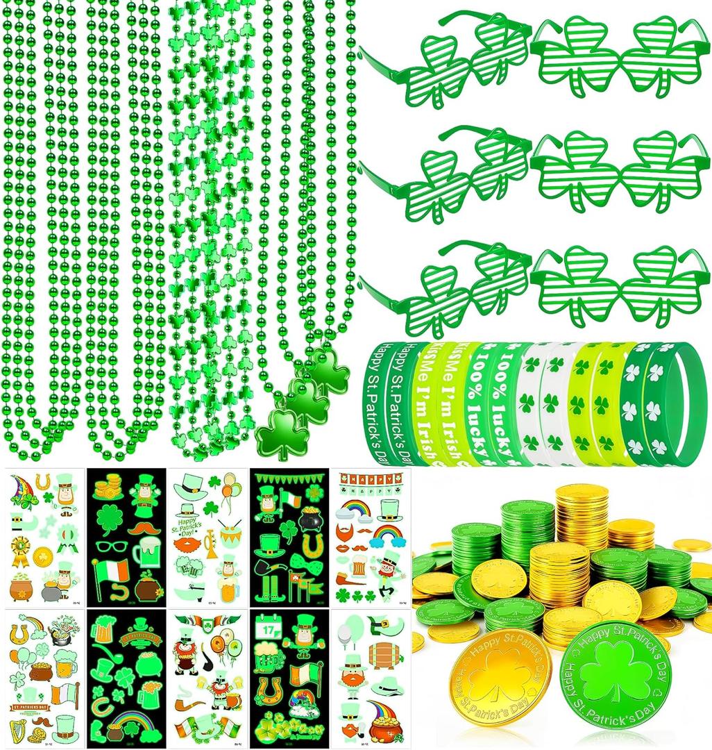 Jeowoqao 184pcs St Patricks Day Accessories Party Favor Set, St. Patrick's Day Glasses Temporary Tattoos, Irish Accessories Necklaces Shamrock Lucky Coins Bracelets Saint Patricks Parade Throw Decor