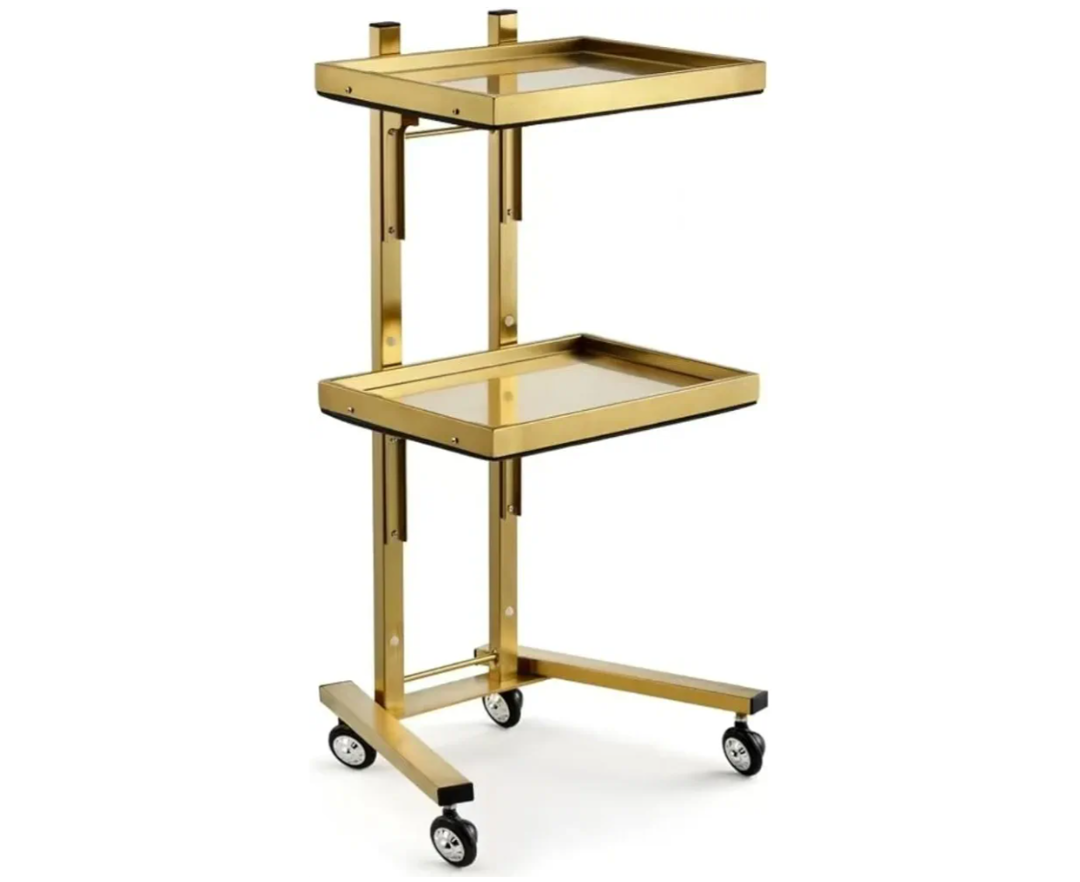 2-Tier Metal Rolling Cart – 34-Inch Folding Stainless Steel Salon Tray on Wheels, Utility Storage Trolley for Estheticians, Salon Studios and Shops, Dental Tools, Gold