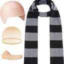 4 Pcs Halloween Costume Accessories for Adult,Black Gray Striped Scarf/Fake Nose/Bald Cap for Men Cosplay Set