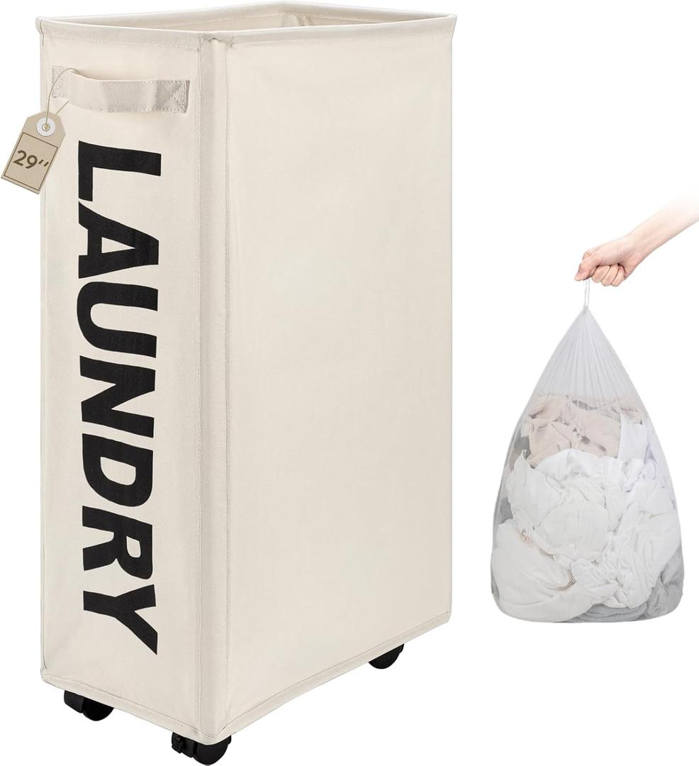 TOTANKI 29" Large Slim Rolling Laundry Basket on Wheels with Removable Bag, Foldable Laundry Hamper with Handle, Collapsible Laundry Sorter and Organizer, Tall Storage Basket Bin (Beige)